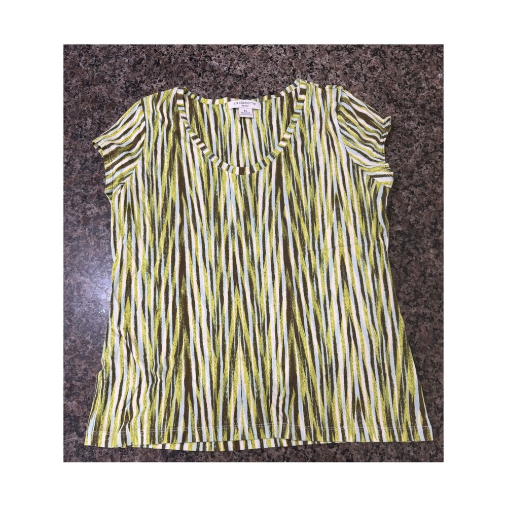 Liz‎ Claiborne Petite Green Abstract Stripe Scoop Neck Short Sleeve Top PL